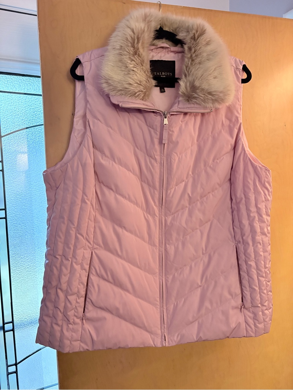 Talbots Pink Quilted Puffer Vest with Faux-Fur Collar